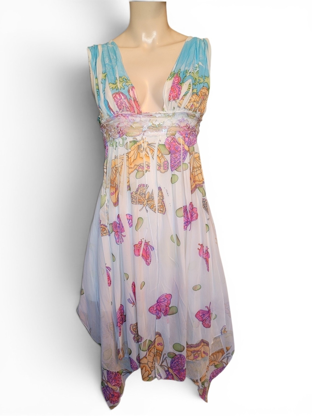Vintage Y2K Vizio Fairycore Sheer Butterfly Dress Hankie Hem Whimsy Sequins XS